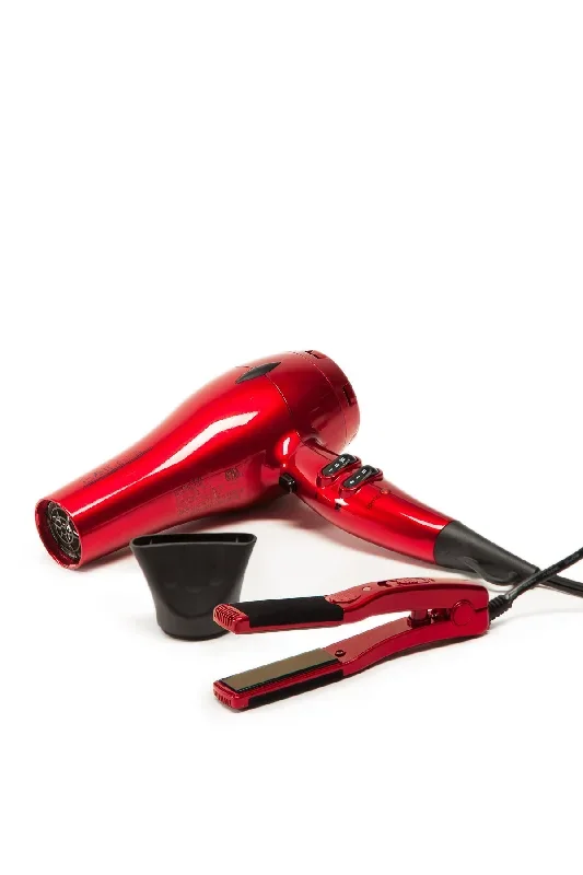 i-Air Elite DC Dryer PIANO RED COMBO with Mini Travel Size Flat Iron - (GM1601) Ultra Light Pro - 0.9 lb,  1875 Watt