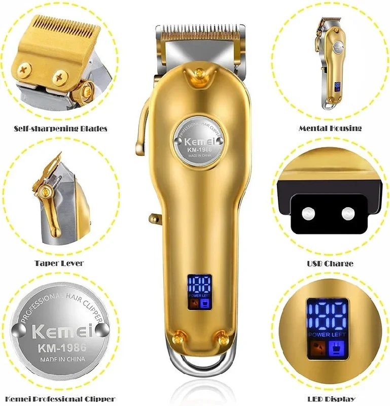 Kemei 1986 All-metal Barber Professional Hair Clipper Electric Cordless LCD Hair Trimmer Gold Silver Hair Cutting Machine Mower